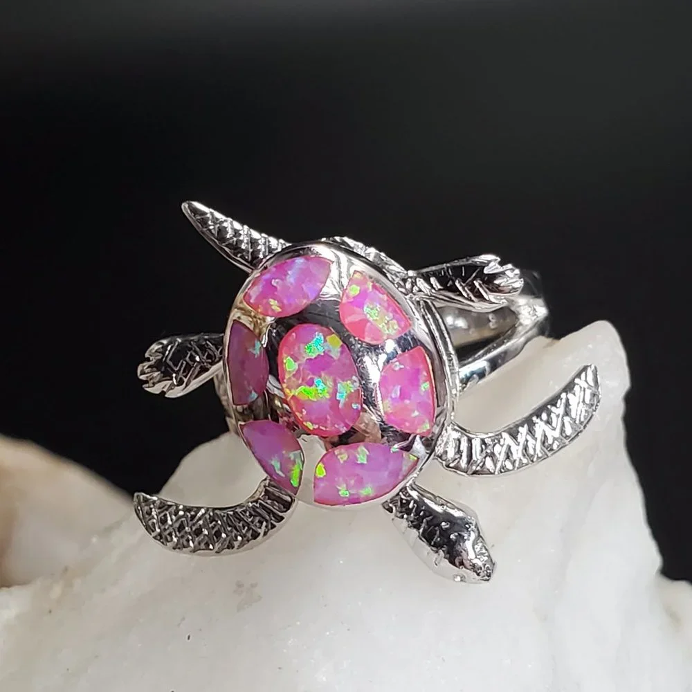 Solid Sterling Silver 925 Ring Opal Stone Turtle Animal Unique Jewelry